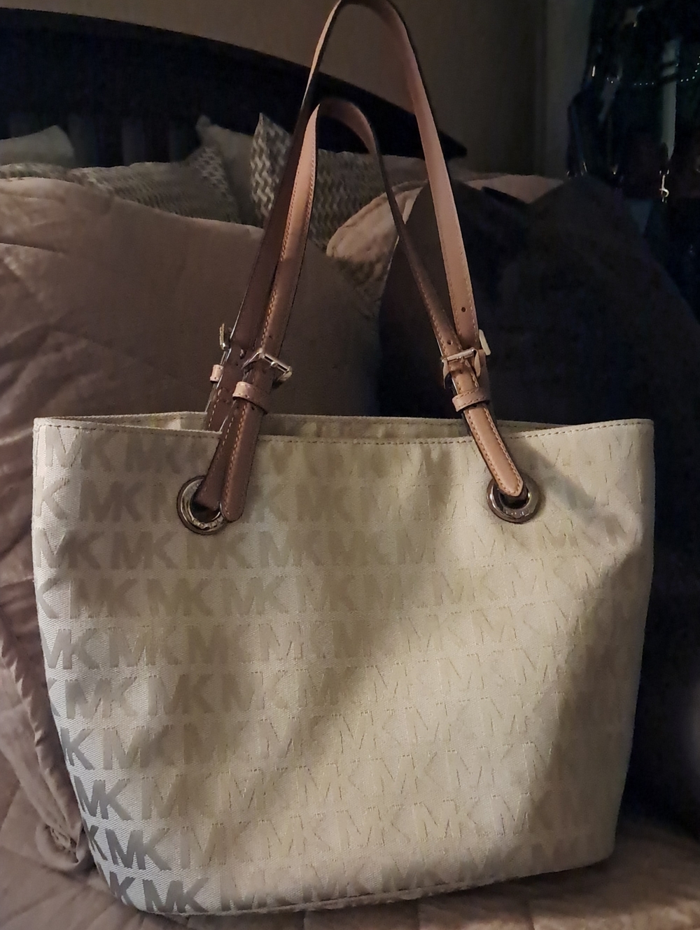 Michael Kors Cream Logo Tote with Brown Leather Straps